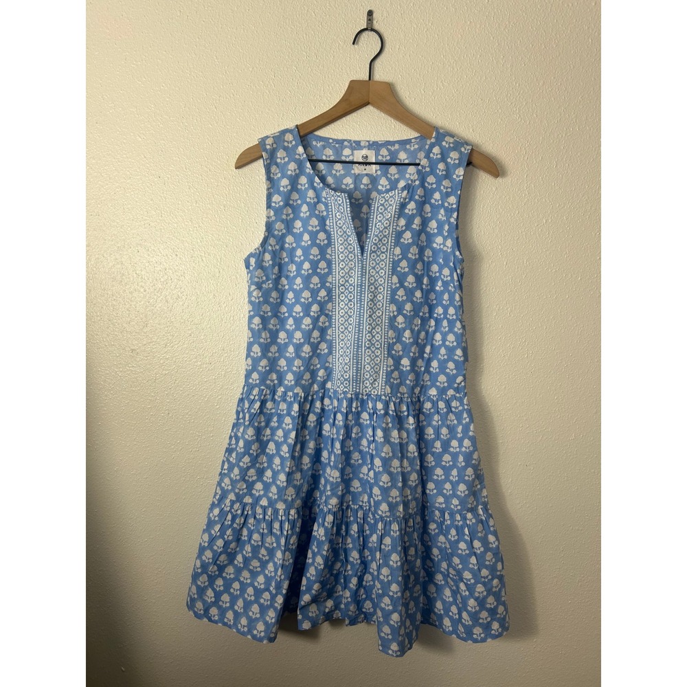 RNWK Floral Block Print Tiered Cotton Mini Dress Blue White Medium Preppy - Picture 3 of 8